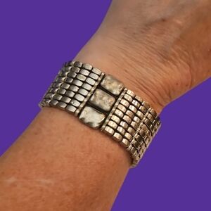 VTG Wide Silver Metal Beaded Macrame Castlecore Bracelet